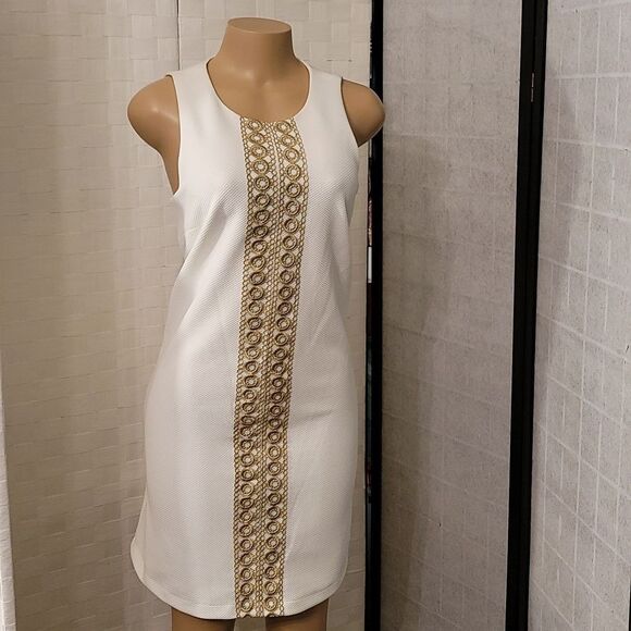 BRAND NEW PAPPAGALLO SLEEVELESS TEXTURED KNIT METALLIC GOLD LACE F TRIM DRESS - Picture 4 of 14